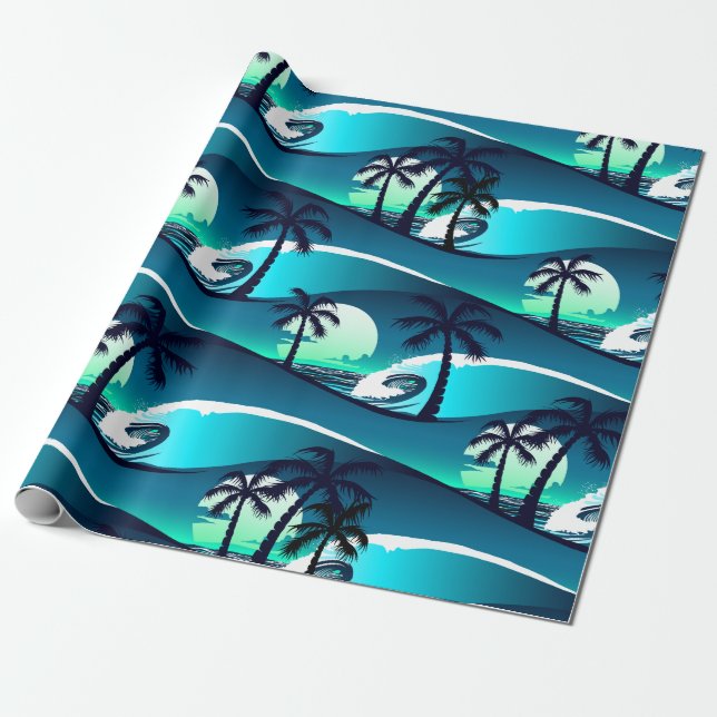 Waves and palm trees wrapping paper (Unrolled)