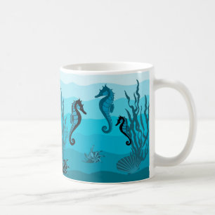 Waves, Aqua, Ocean blue print, Sea horse shells Coffee Mug