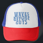 Waves Before Guys Summer Girls Beach Vacation Trucker Hat<br><div class="desc">Make your girls' trip unforgettable with this "Waves Before Guys" trucker hat! Perfect for bachelorette parties and tropical vacations, this eye-catching tee showcases a playful wave and palm tree design. Crafted from high-quality materials for ultimate comfort and style, it’s for any beach destination. Add this must-have shirt to your travel...</div>