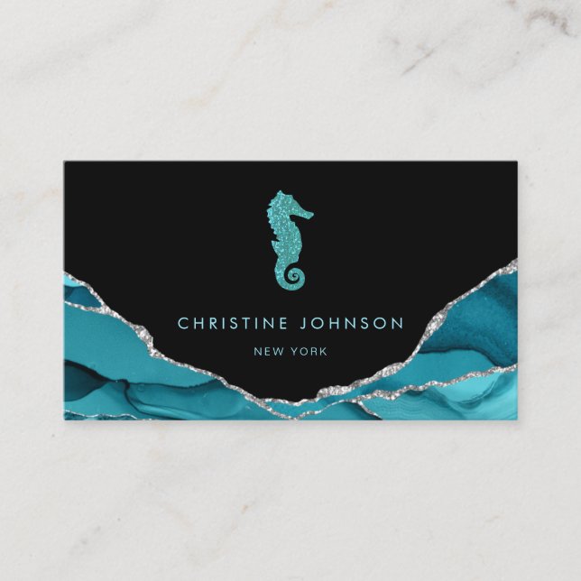 waves blue seahorse design on black business card (Front)
