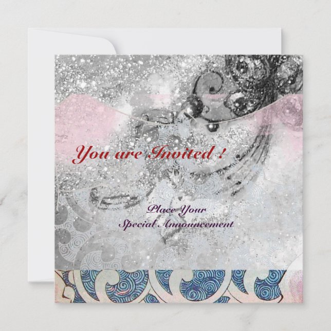 WAVES , bright black and white pink blue sparkles Invitation (Front)
