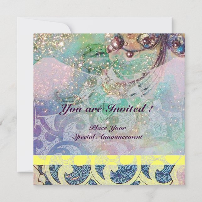 WAVES , bright yellow blue pink gold sparkles Invitation (Front)