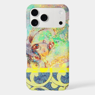 WAVES / Bright Yellow Blue Swirls in Gold Sparkles