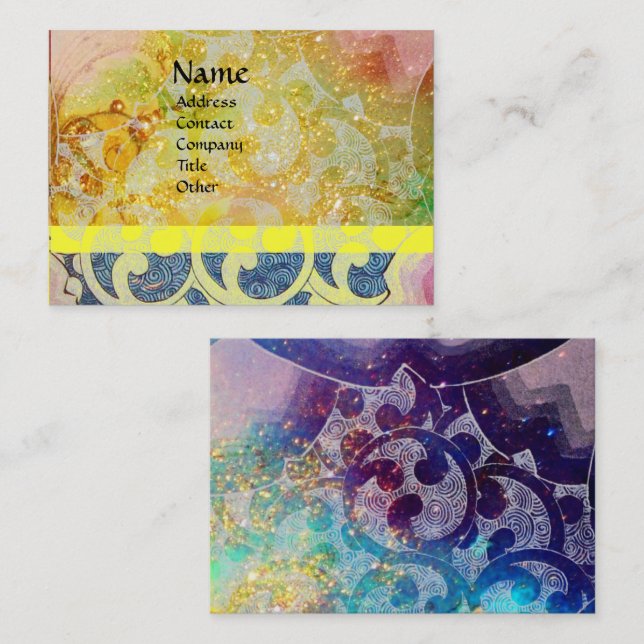 WAVES / Bright Yellow Blue Swirls in Gold Sparkles Business Card (Front/Back)