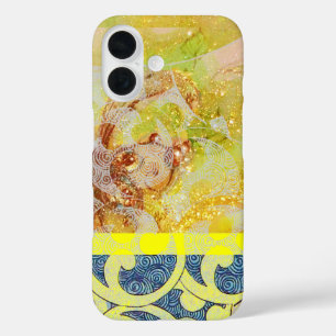 WAVES / Bright Yellow Blue Swirls in Gold Sparkles iPhone 16 Case
