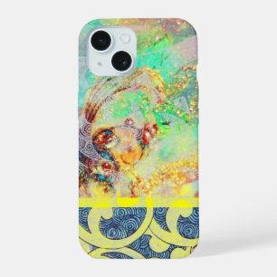 WAVES / Bright Yellow Blue Swirls in Gold Sparkles iPhone 15 Case