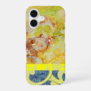 WAVES / Bright Yellow Blue Swirls in Gold Sparkles iPhone 16 Case