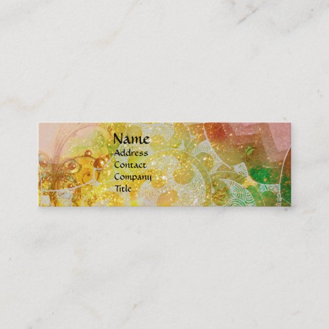WAVES / Bright Yellow Blue Swirls in Gold Sparkles Mini Business Card (Front)