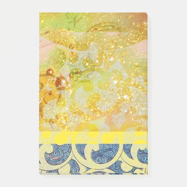WAVES / Bright Yellow Blue Swirls in Gold Sparkles Post-it Notes (Front)