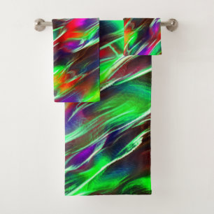 Waves colored in green, red, lilac and purple bath towel set