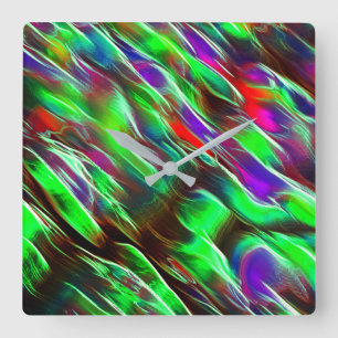 Waves coloured in green, red, lilac and purple square wall clock