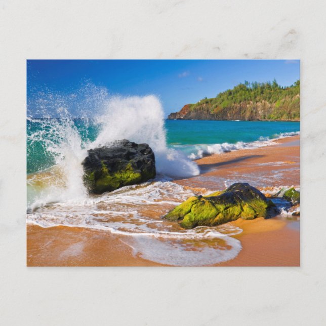Waves crash on the beach, Hawaii Postcard (Front)