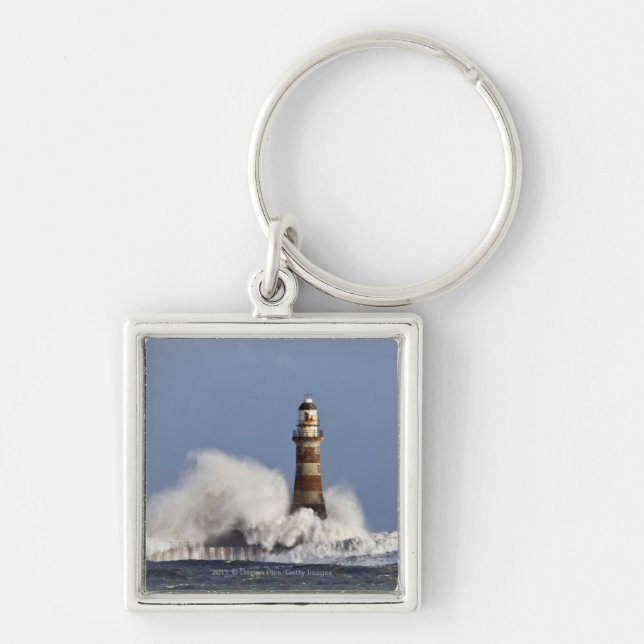 Waves Crashing Against Roker Lighthouse Key Ring (Front)