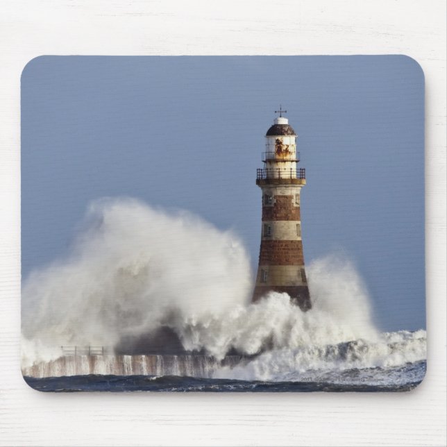 Waves Crashing Against Roker Lighthouse Mouse Mat (Front)
