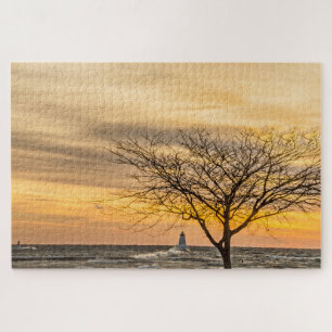 Waves Crashing Into Ludington's Light Jigsaw Puzzle