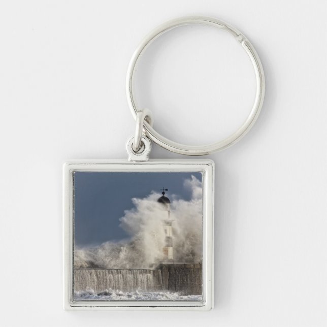 Waves Crashing Up Against A Lighthouse Key Ring (Front)