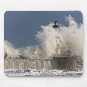 Waves Crashing Up Against A Lighthouse Mouse Mat