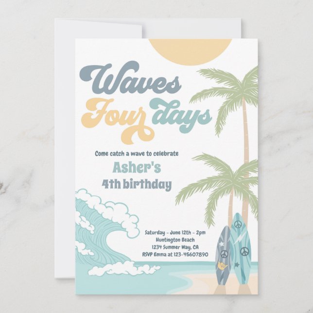 Waves Four Days Retro Surf Beach 4th Birthday Invitation (Front)