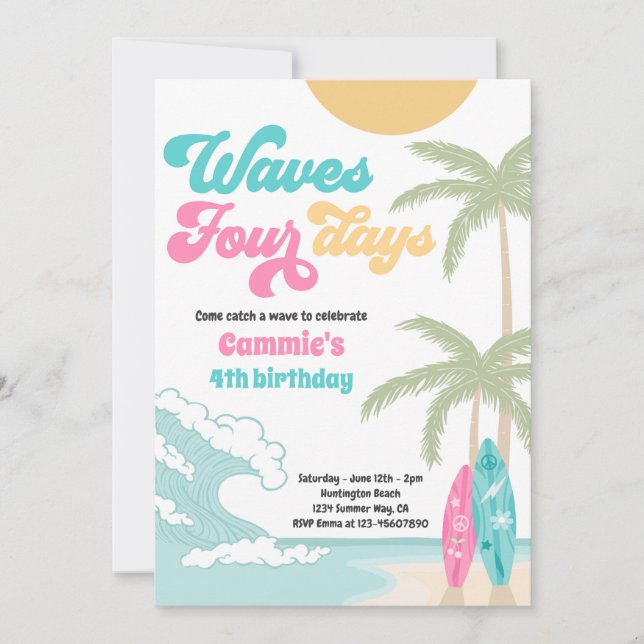 Waves Four Days Retro Surf Beach 4th Birthday Invitation (Front)