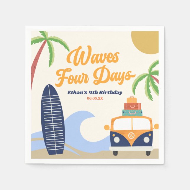 Waves Four Days Surf Blue 4th Birthday Party Napkin (Front)