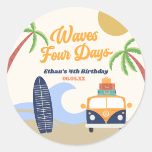 Waves Four Days Surf Board 4th Birthday Party Classic Round Sticker