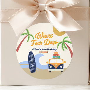 Waves Four Days Surf Board 4th Birthday Party Classic Round Sticker