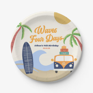 Waves Four Days Surf Board Blue 4th Birthday Party Paper Plate