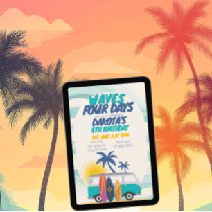 Waves Four Days Surf Van 4th Birthday Invitation