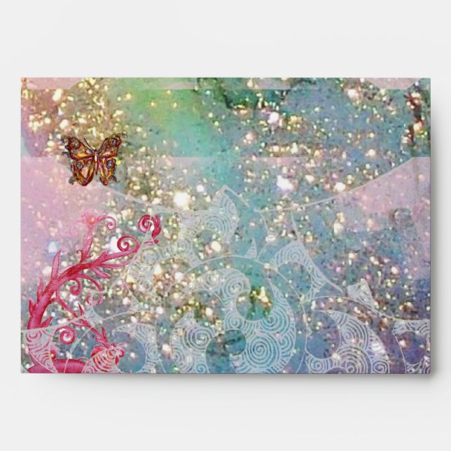 WAVES / GOLD BUTTERFLY IN BLUE SPARKLES  SWIRLS ENVELOPES (Front)