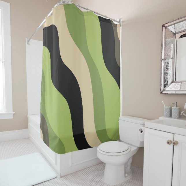 waves, green, black and beige curves colourful shower curtain (In Situ)