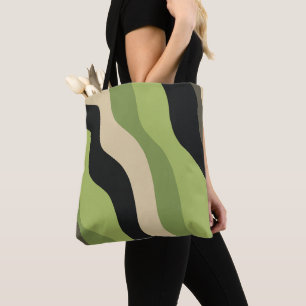 waves, green, black and beige curves colourful tote bag