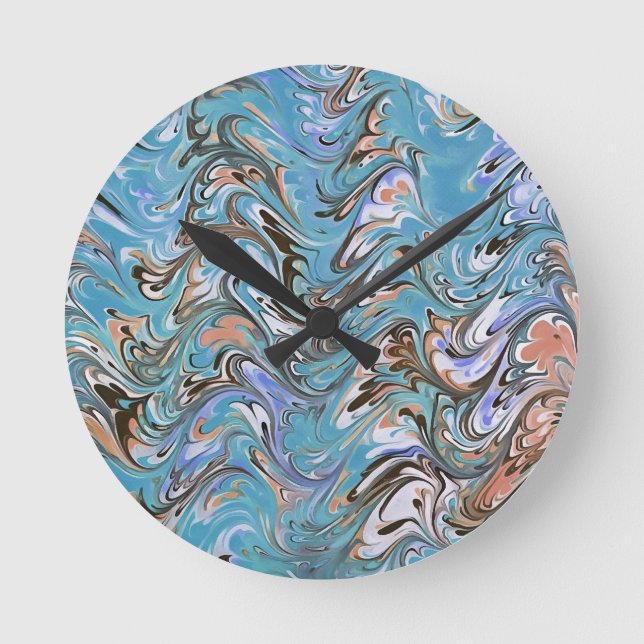 Waves In Blue Acrylic Pour Abstract Art Round Clock (Front)