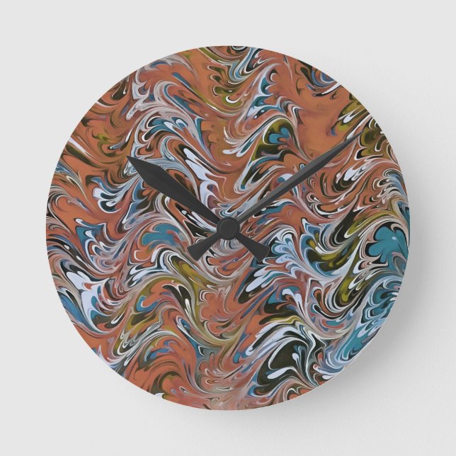 Waves In Red and Blue Acrylic Pour Abstract Art Round Clock (Front)