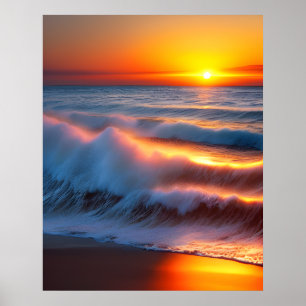 Waves In The Ocean with sunset Poster