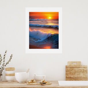 Waves In The Ocean with sunset Poster