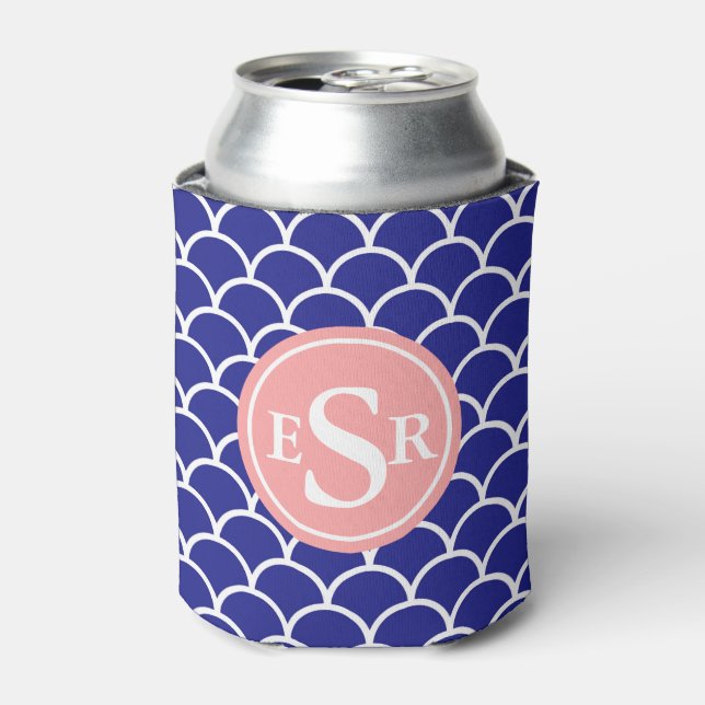 Waves,Japanese Fish Scale Monogram Pattern Can Cooler (Can Front)