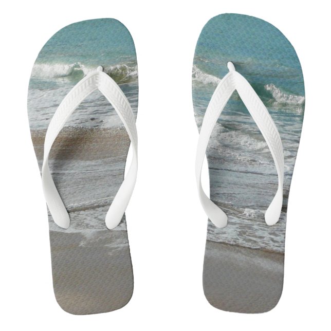Waves Lapping on the Beach Turquoise Blue Ocean Flip Flops (Footbed)
