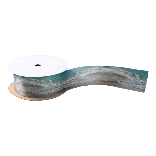 Waves Lapping on the Beach Turquoise Blue Ocean Satin Ribbon (Spool)