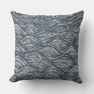 Waves line art in indigo cushion