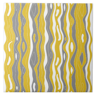 Waves, lines, mustard yellow, grey, white tile