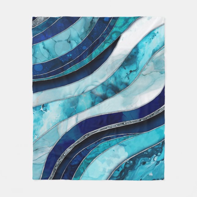 Waves - Mixed Media Blue Abstract Fleece Blanket (Front)