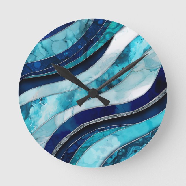 Waves - Mixed Media Blue Abstract Round Clock (Front)