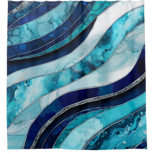Waves - Mixed Media Blue Abstract Shower Curtain (Front)