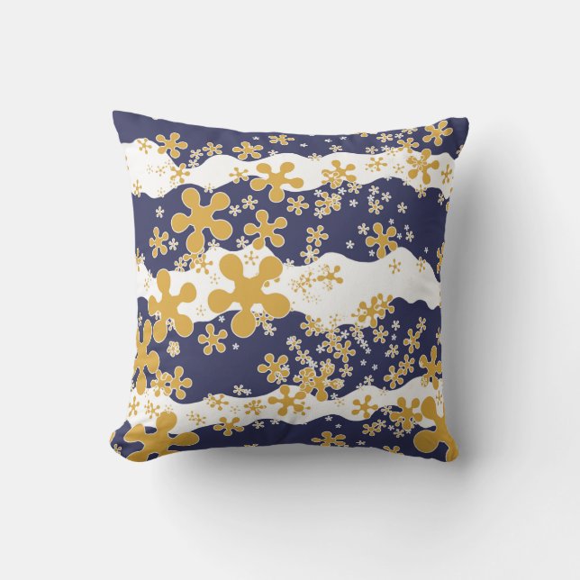 Waves, navy blue, mustard yellow, white, flower cushion (Front)