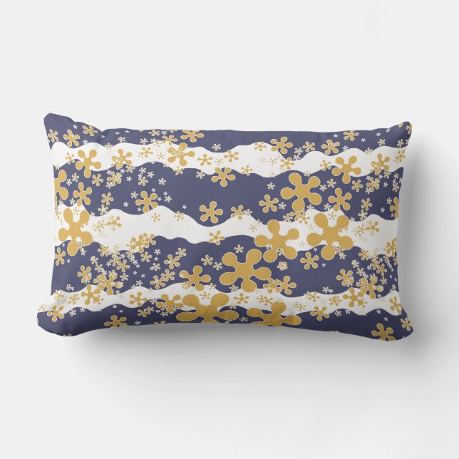 Waves, navy blue, mustard yellow, white, flower lumbar cushion (Front)