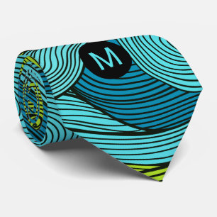 Waves of Blue and Lime Green with Monogram Tie