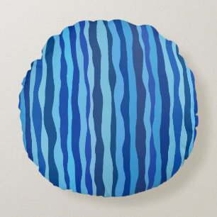 Waves of Blue Cyan Navy Cobalt Sky Blue Round Cushion