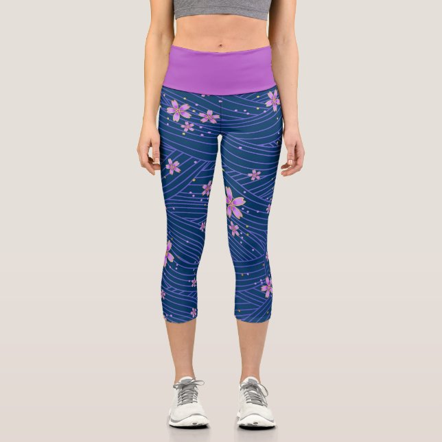 Waves of Cherry Blossoms Capri Leggings (Front)