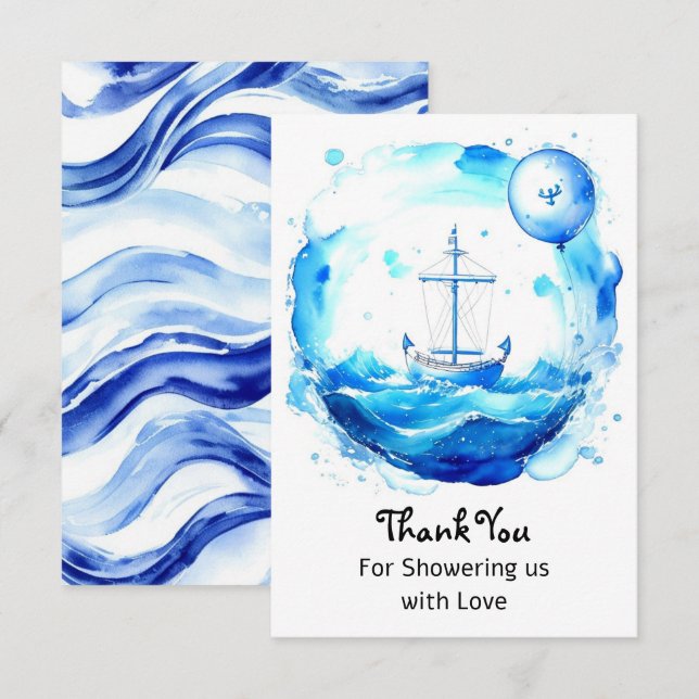 Waves of Love: Nautical Boy Baby Shower Thank You Card (Front/Back)