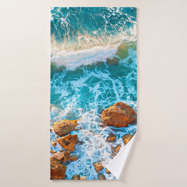 Waves on a rocky beach at sunset. Aerial viewbeach Bath Towel (Bath Towel)